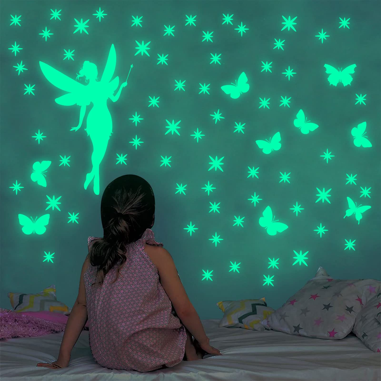 Adesivi Murali Fluorescenti Fata Farfalla Luminoso Adesivi da Parete Fata Adesivo Murale Stelles Adesive Fluorescenti Decorazioni Parete per Camera da Letto Ragazza Cameretta Verde