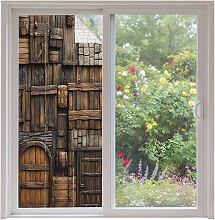 Window Privacy Film Frosted, Medieval Non-Adhesive Static Cling Window Tint, Old Farmhouse Vintage Wood Cabin Country Insulated Windows Frosted Films for Living Room, 35.4 x 78.7 Inches