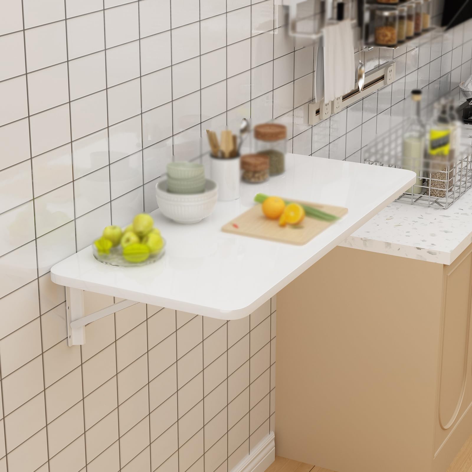 Tavolo da pranzo pieghevole a parete, salvaspazio, in legno, banco da lavoro pieghevole, per garage, casa, ufficio, cucina, sala da pranzo, moderno, bianco, 120 x 40 cm