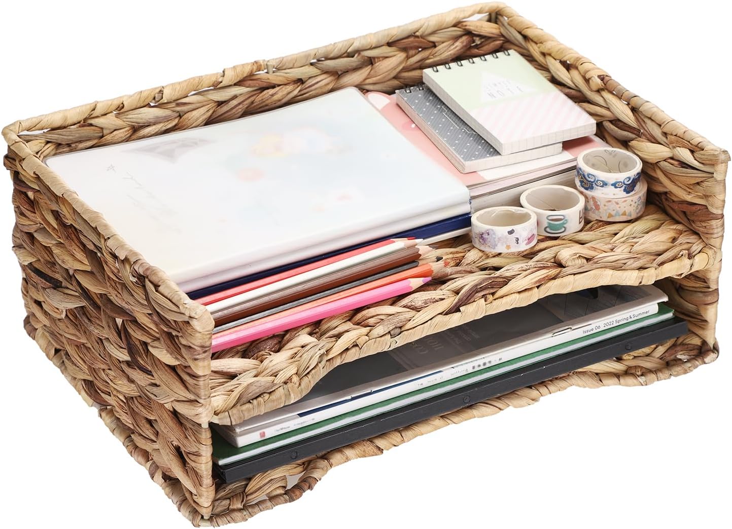 BTSKY Hand-Woven Natural 2 Tier Desk Organizers File Organizer Water Hyacinth Letter Tray Paper Organizer for Office Workspace Organization, USTRAM-58423