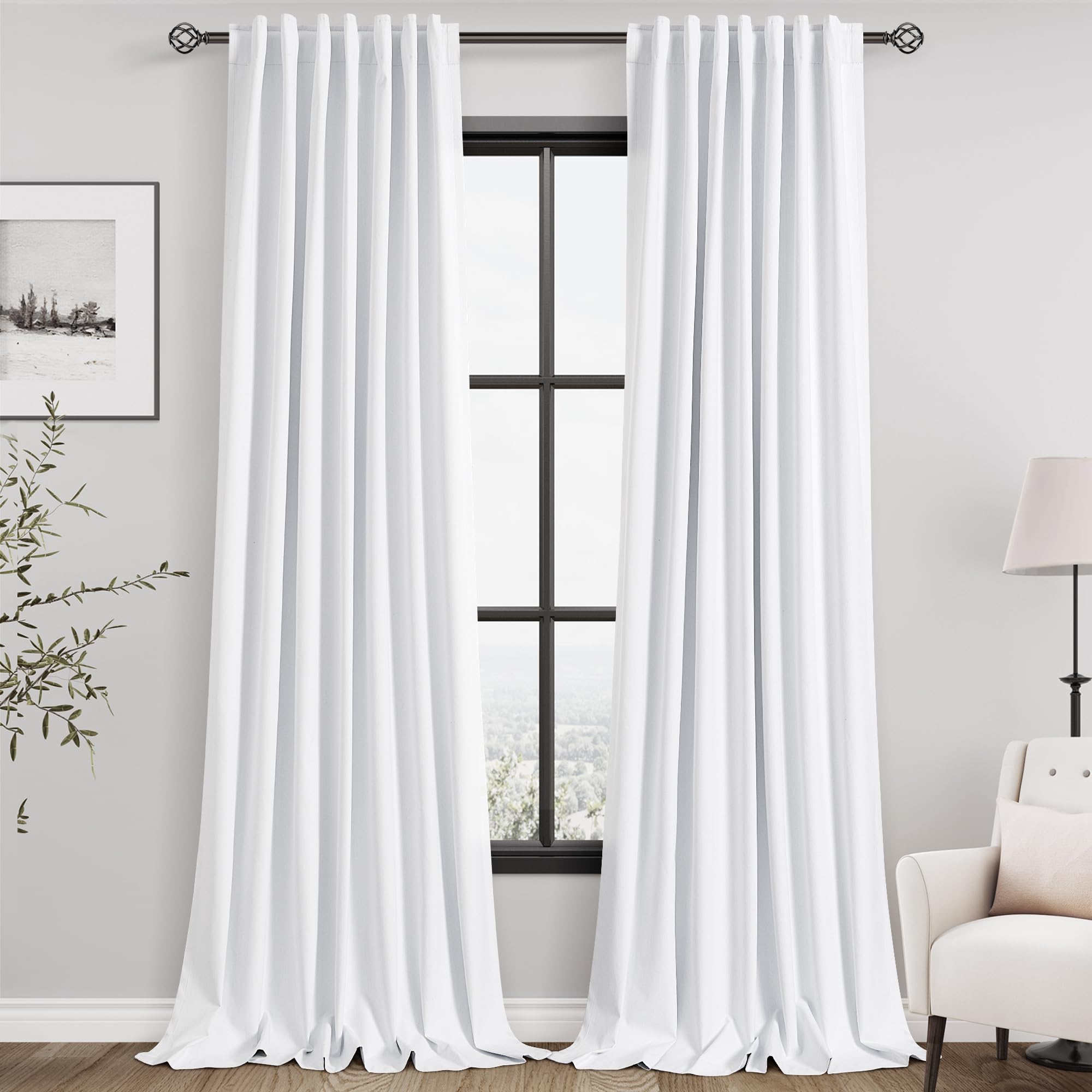 Nanspring White 100% Blackout Linen Curtains 100 Inches Long for Bedroom Back Tab Thermal Insulated Rustic Farmhouse Decor Black Out Curtain for