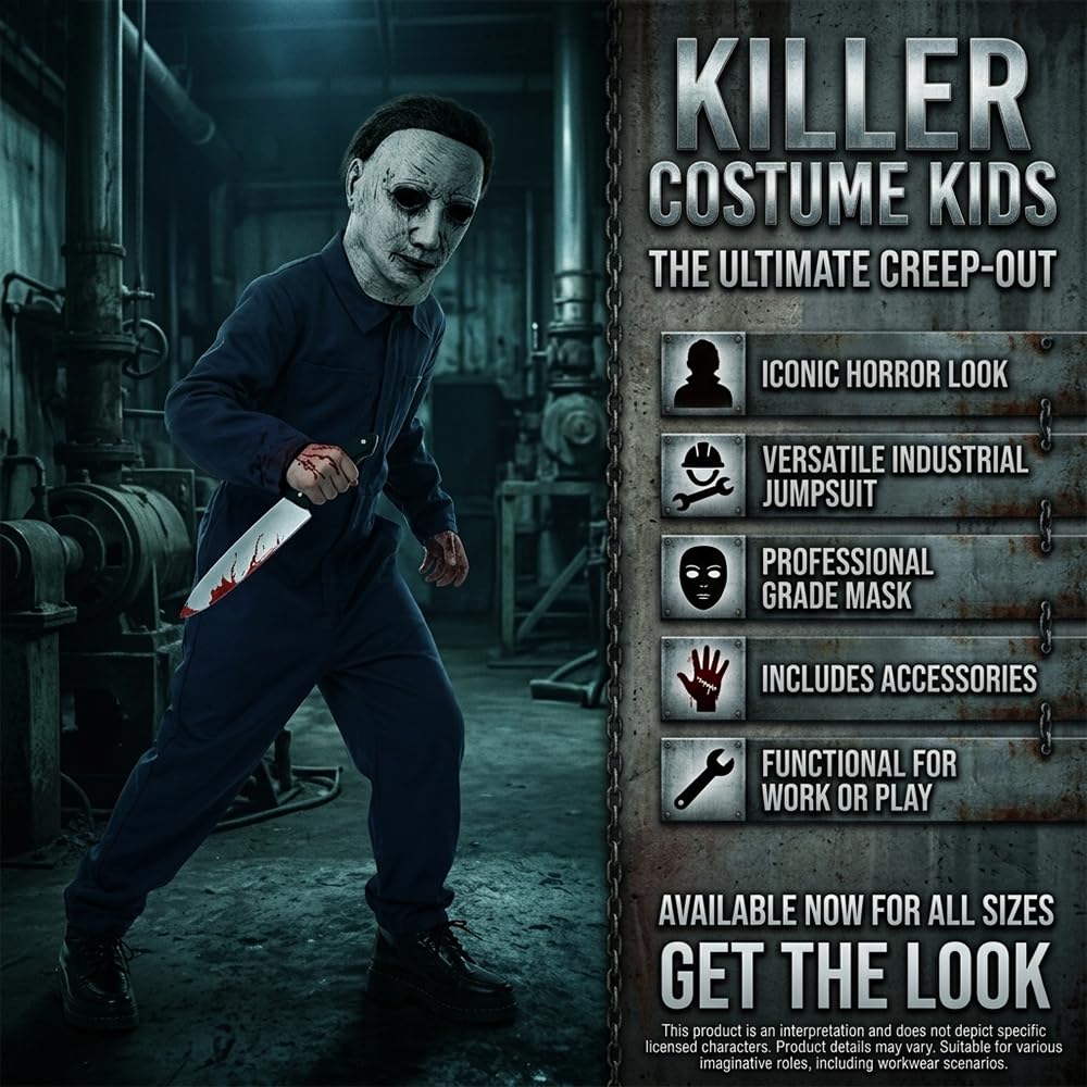 Costume horror killer per ragazzi, blu navy, tuta da caldaia con coltello insanguinato, maschera realistica, 4 pezzi, tuta spaventosa per cosplay, Halloween e carnevale