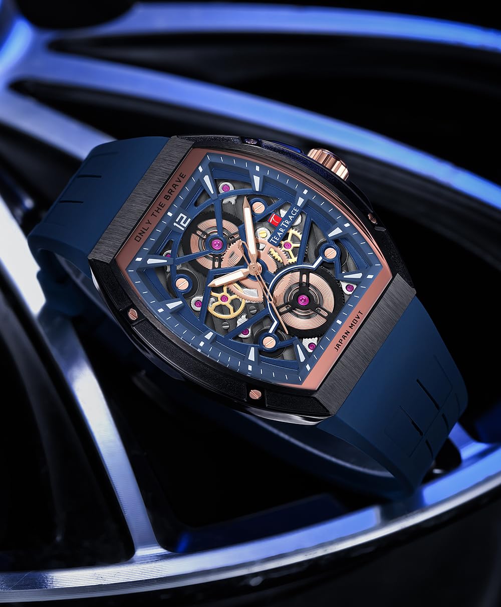 TEARTRACE Herrenuhren mit Silikonarmband Analog Tonneau Japanische Quarzuhren für Männer Wasserdicht Big Face Sport Arbeit Schwarz/Blau/Braun Armbanduhr, Blau
