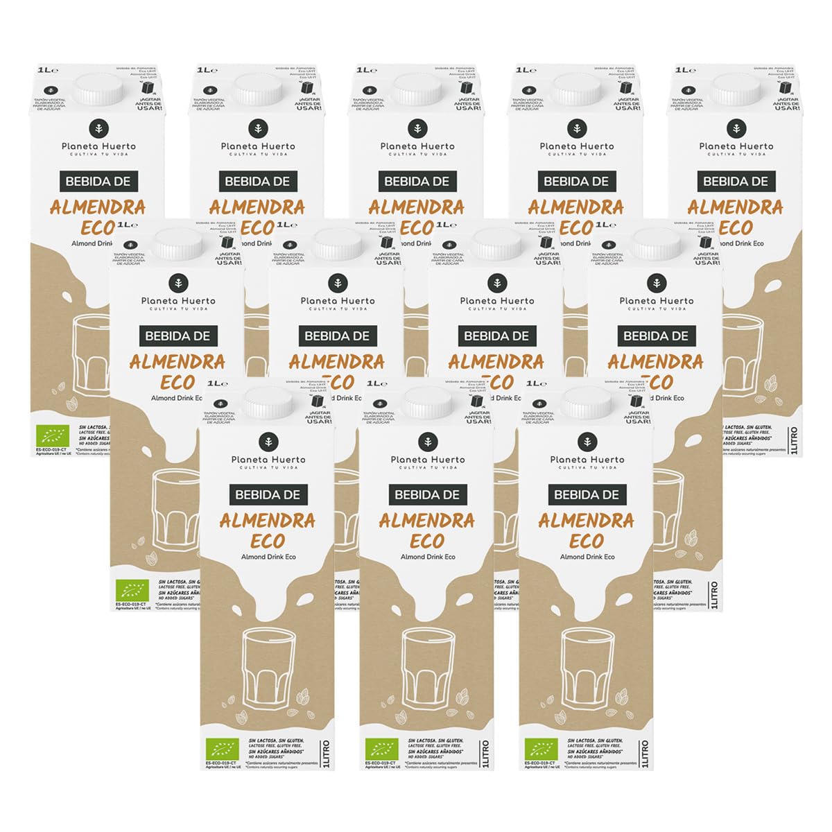 PLANETA HUERTO | Pack 12x Bebida de Almendra Ecológica 1L, 100% Vegetal, Sin Lactosa, Con Grasas Saludables, Fuente de Fibra - Bebida de Avena Ideal para Veganos, Desayunos, Batidos y Cocina Natural