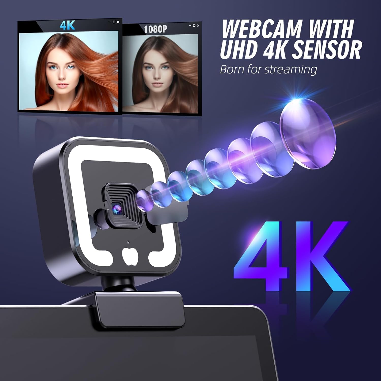 Webcam 4K con Microfono e Luce di Riempimento, Telecamera per Computer HD con Autofocus per Chiamate Video su PC, Laptop e Desktop, Lavorazione di Alta Qualità