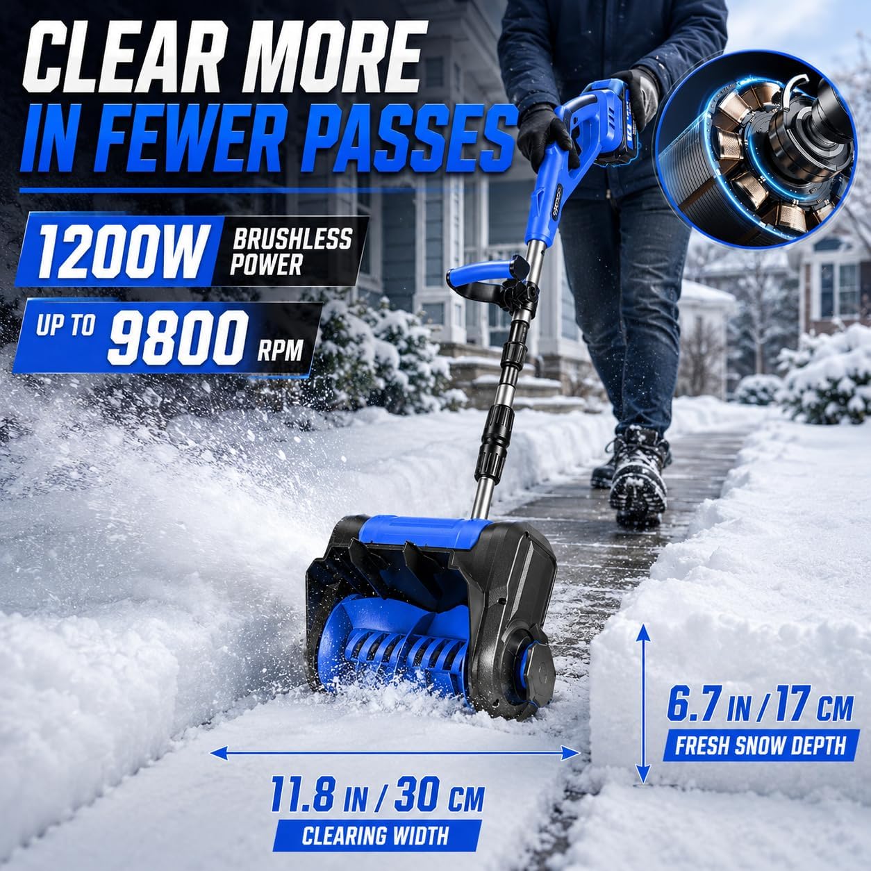 Pala de Nieve Eléctrica 1200W, Quitanieves a Batería de 4,5A, 30 cm