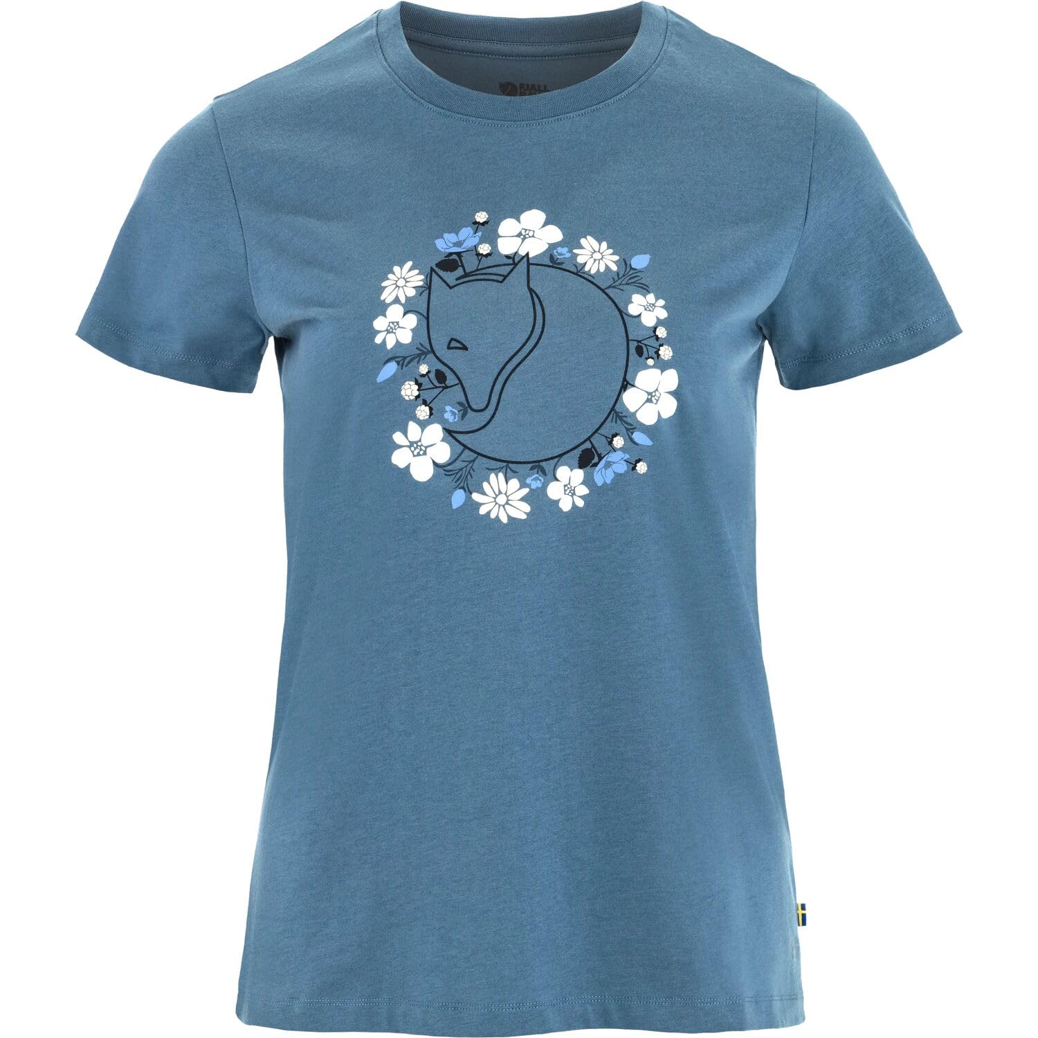 Fjällräven Damen T-Shirt Fjällblomster Fox | Aus Bio-Baumwolle. Print auf Vorderseite mit schwedischen Bergblumen und Polarfuchs-Logo. Rundhalsausschnitt. Slim Fit.