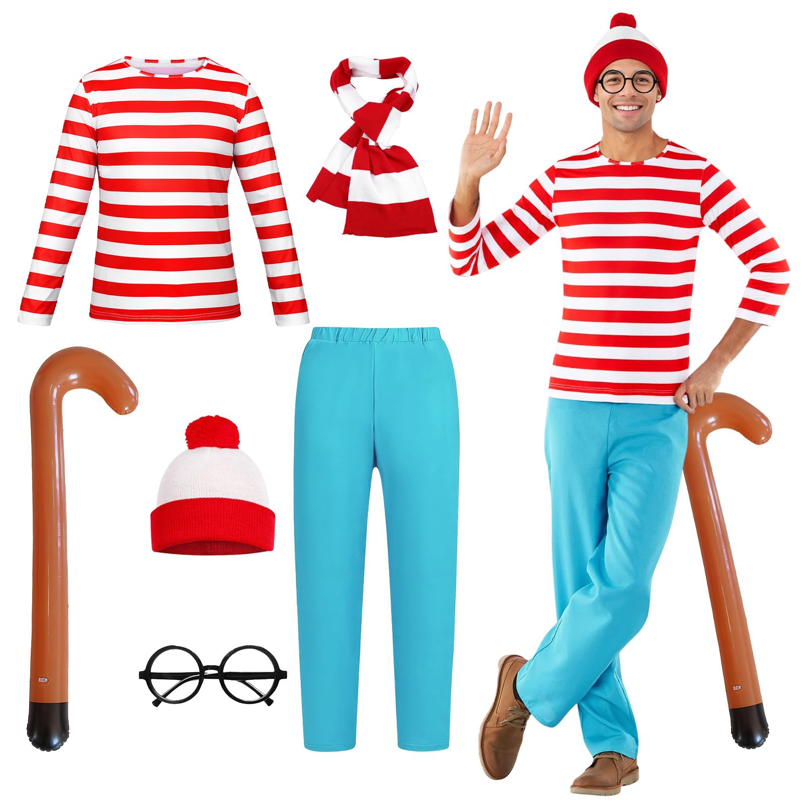 Alaiyaky Red White Striped Costume Cosplay Costume (Men, S)
