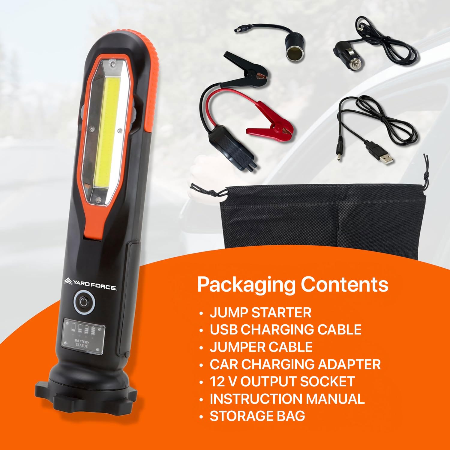 Yard Force - Innovative Starthilfe Powerbank LX JS12 Set | 12.000 mAh & LED Taschenlampe | tragbare Notfall Starter Powerbank | bis 4 Liter Benzin- und 3 Liter Dieselmotoren