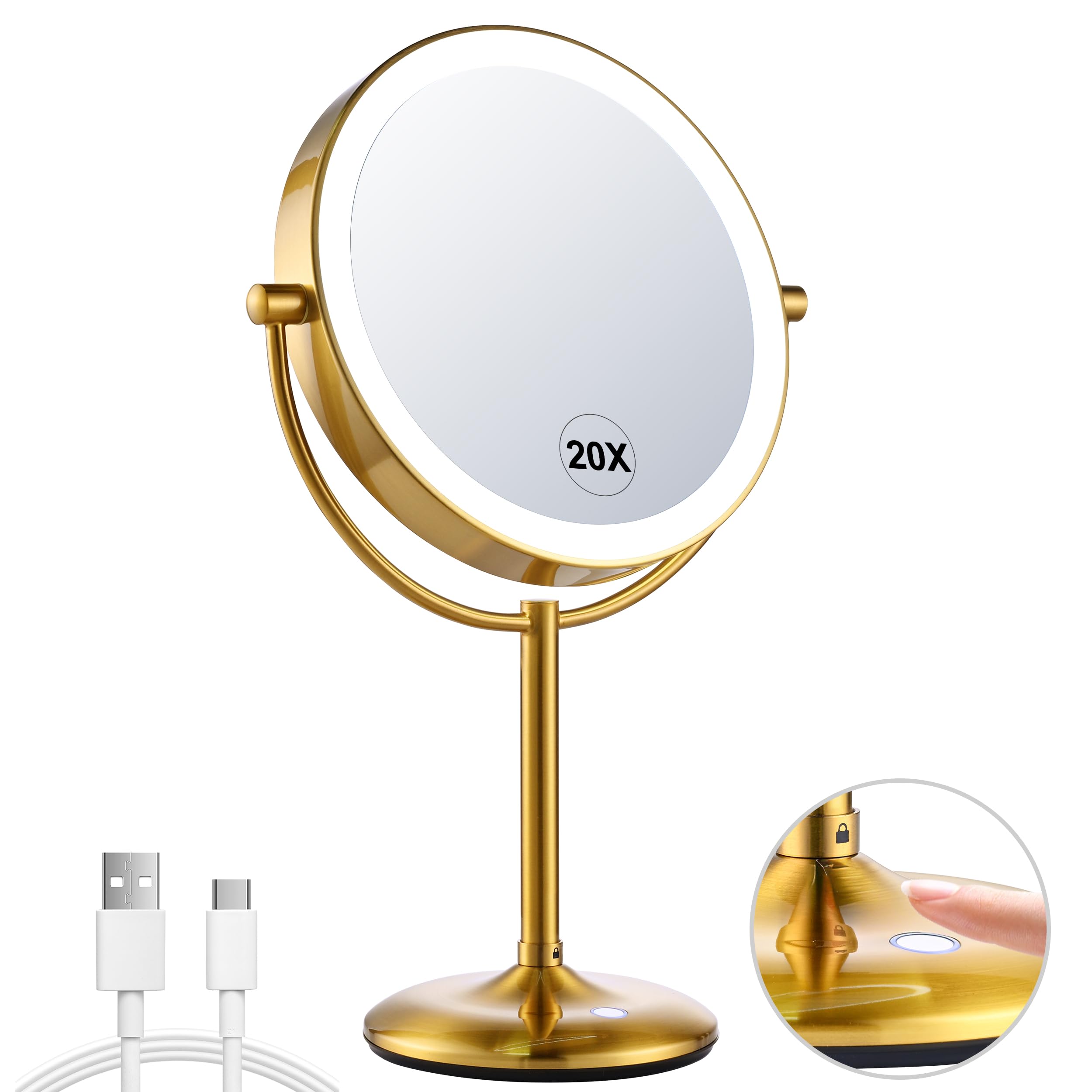 Photo 1 of 9" Rechargeable Gold Lighted Makeup Mirror with Magnification 20X/1X, Magnifying Mirror with Base Charging and Switch, Makeup Vanity Mirror with 3 Color Dimmable Lights for Dresser, Bathroom