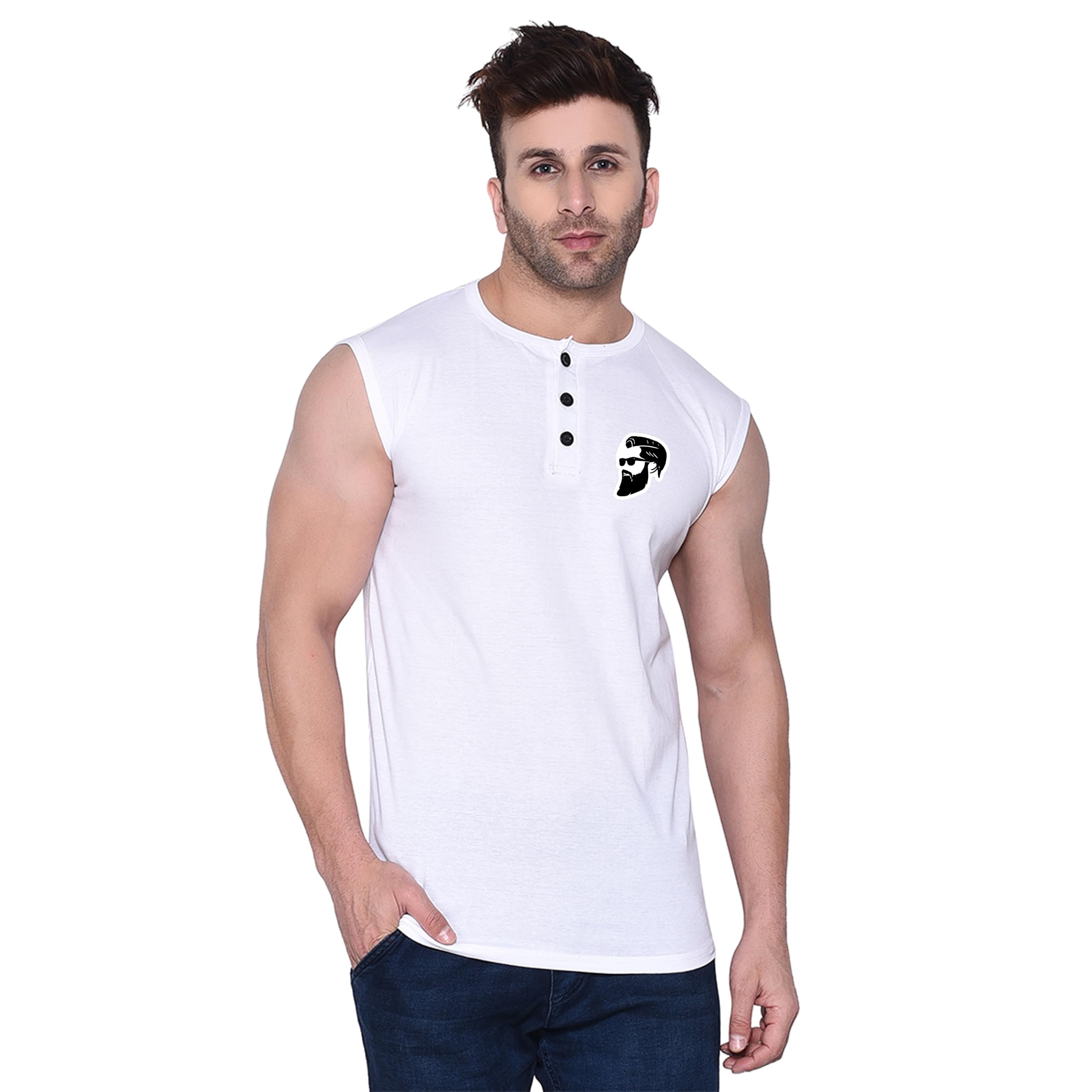 geum Men’s Sleeveless Henley Neck T-Shirt with Printed Logo | Cotton Blend Gym & Casual Wear Tank-picture-35