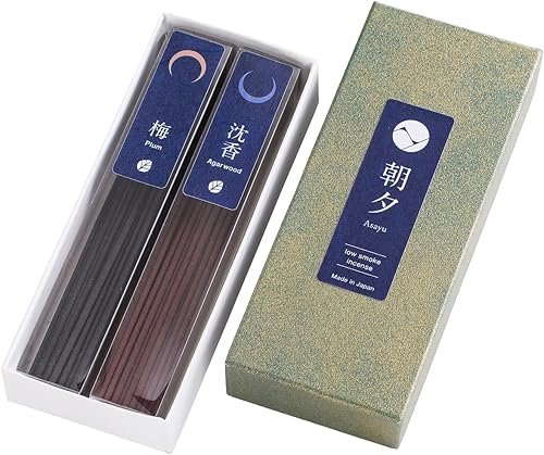 Asayu Juego de varillas de incienso japonesas con bajo contenido de humo, juego de aroma natural (Plum y madera de agar), fabricado en Japón,