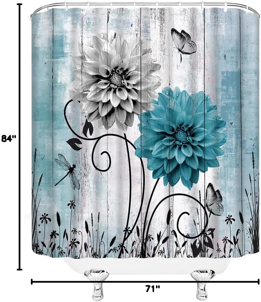 GCTNBJL Rustic Floral Shower Curtain Teal Dahlia Vintage Gray Wooden Board Flower Butterfly Shabby Country Abstract Wildflower Extra Long Bathroom Home Curtain with Hooks,70x84 Inch