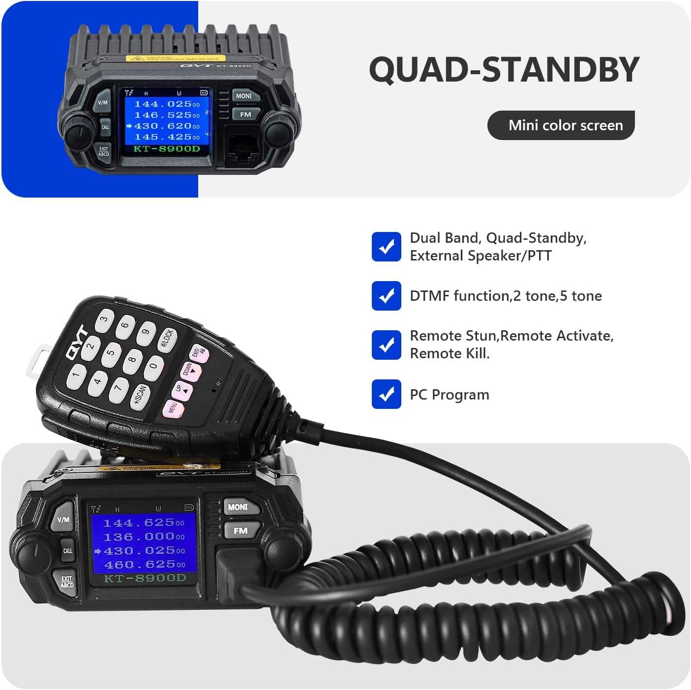 Close-up of the QYT KT-8900D radio with the microphone connected