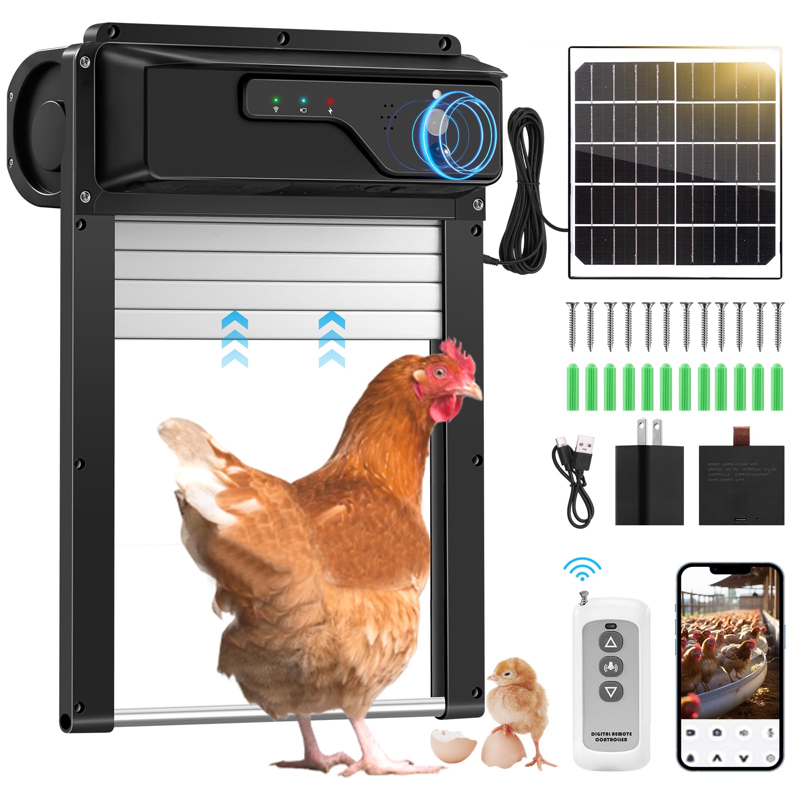 Automatic Chicken Coop Door Solar Powered and 5000mAh Battery, LCD Display Automatic Chicken Door with Timer & Light Sensor & PIR, APP Remote Control