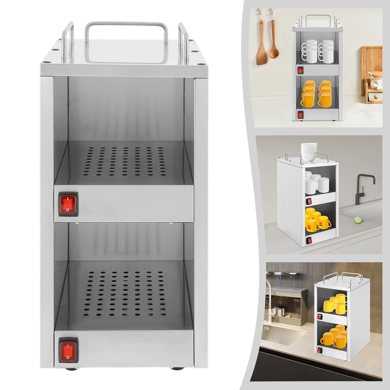 Armadietto riscaldante per tazze, in acciaio inox, 140 W, 220 V, per ristorante, hotel, caffetteria, scalda tazze, con 2 scomparti e isolamento a 75 °C, ideale per tazze e piatti
