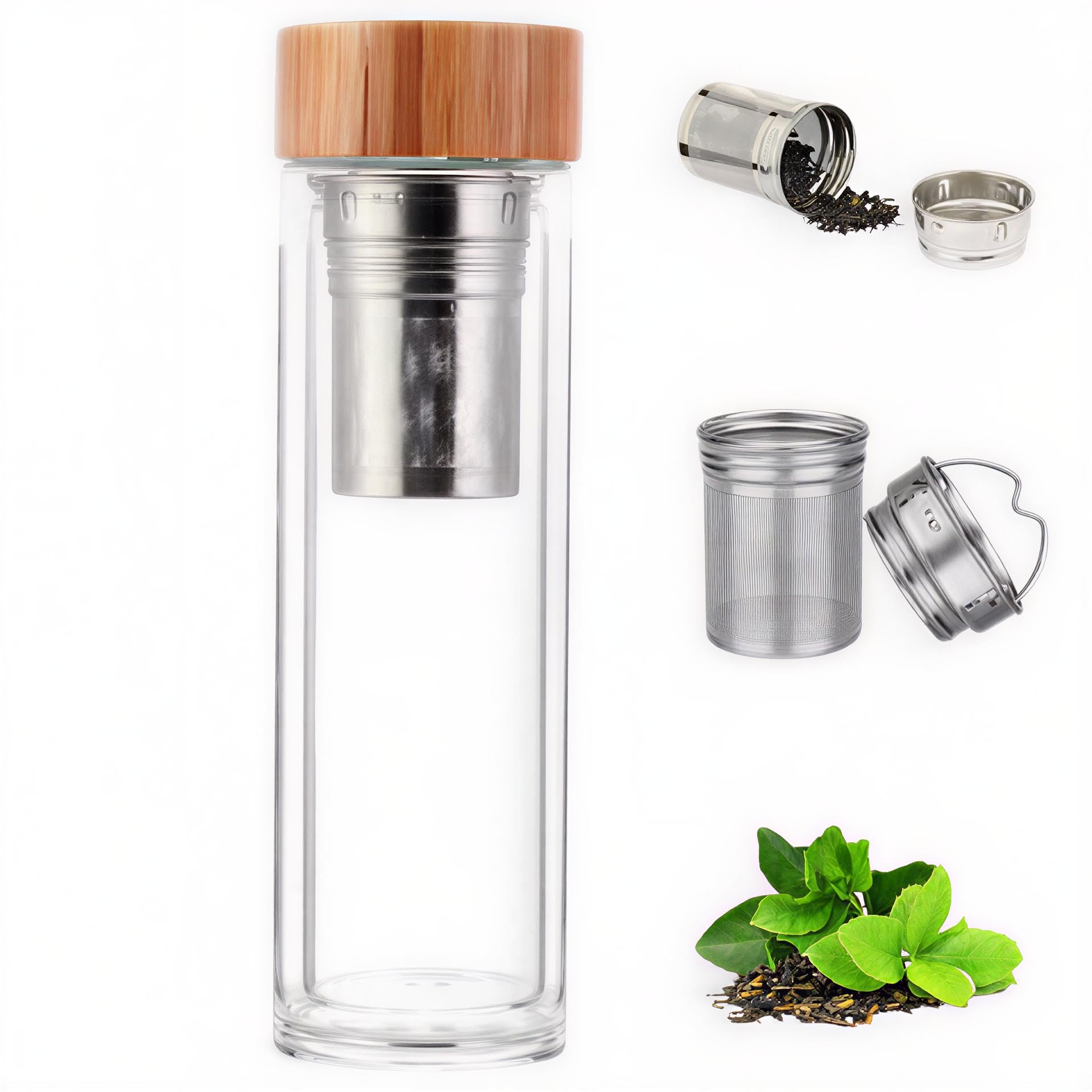 Axooms Borosilicate Glass Water Bottle with Tea Infuser – 500ml Reusable Glass Water Bottle with Bamboo Lid, Stainless Steel Tea Strainer, Insulated Tea Mug for Hot & Cold Drinks, BPA-Free