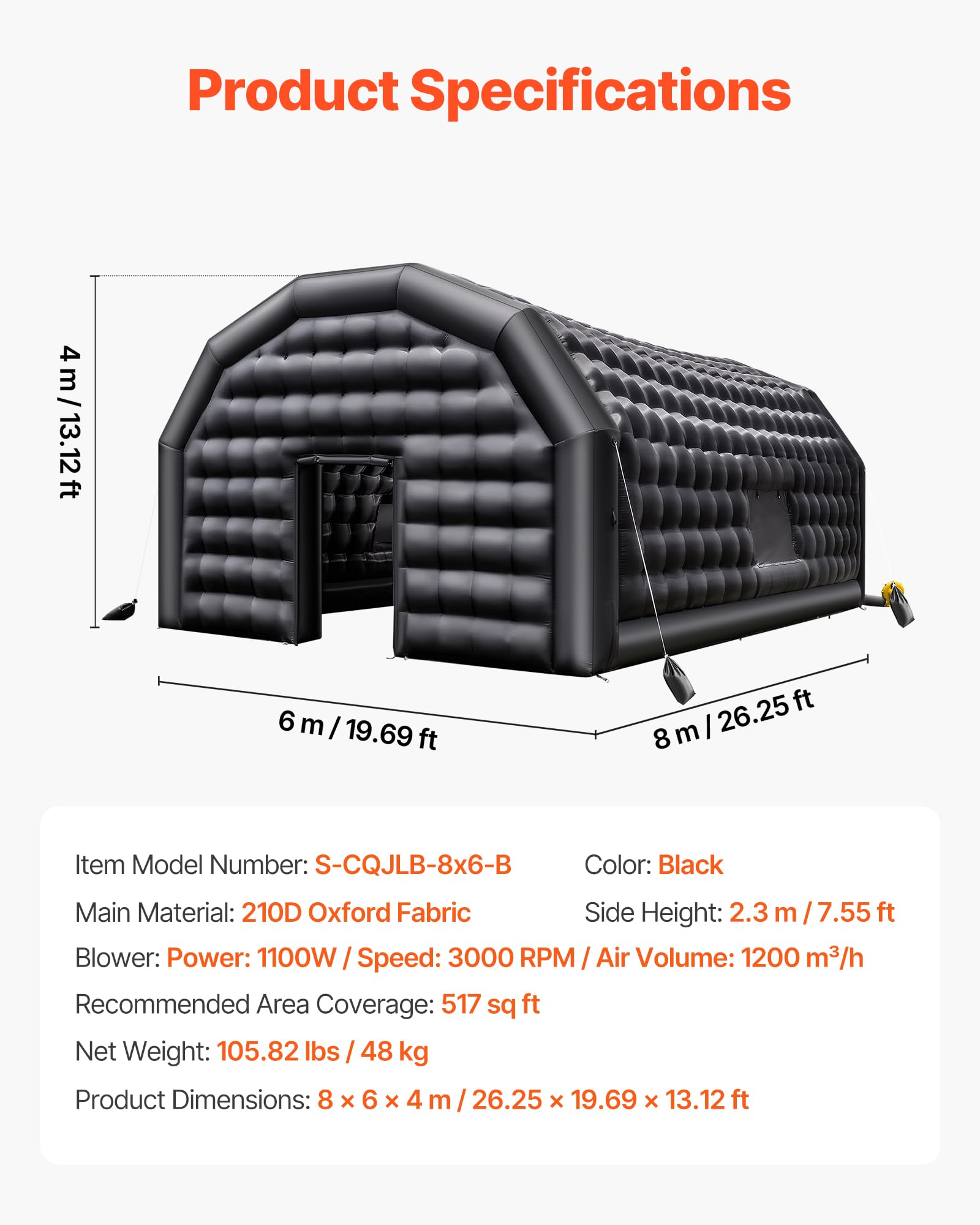 VEVOR Nadmuchiwany namiot imprezowy, nadmuchiwany namiot 8 x 6 x 4 m z dmuchawą 1100 W, worek z piaskiem i 2 oknami, namiot typu wiadro na imprezy, urodziny, wesela i imprezy, czarny