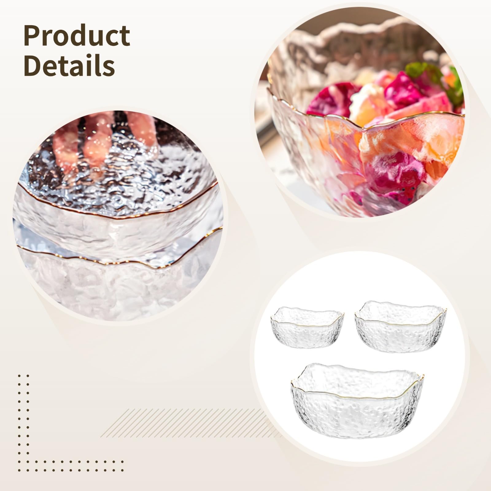 Gold Glasschalen Set Japanisch Elegantes Design 9-teilig Heavy Duty mit Gabeln für Salate Desserts Groß Mittel Alle Schalen