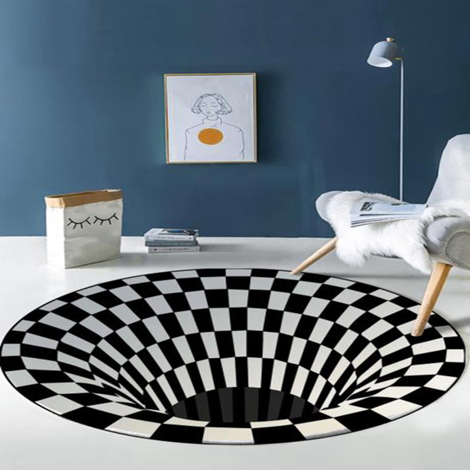 LONGSAO Alfombra de área, Alfombras Redonda de Dormitorio Modernas para Sala de Estar Guardería Alfombra Trampa Simple celosía Blanca y Negra, ø 60CM
