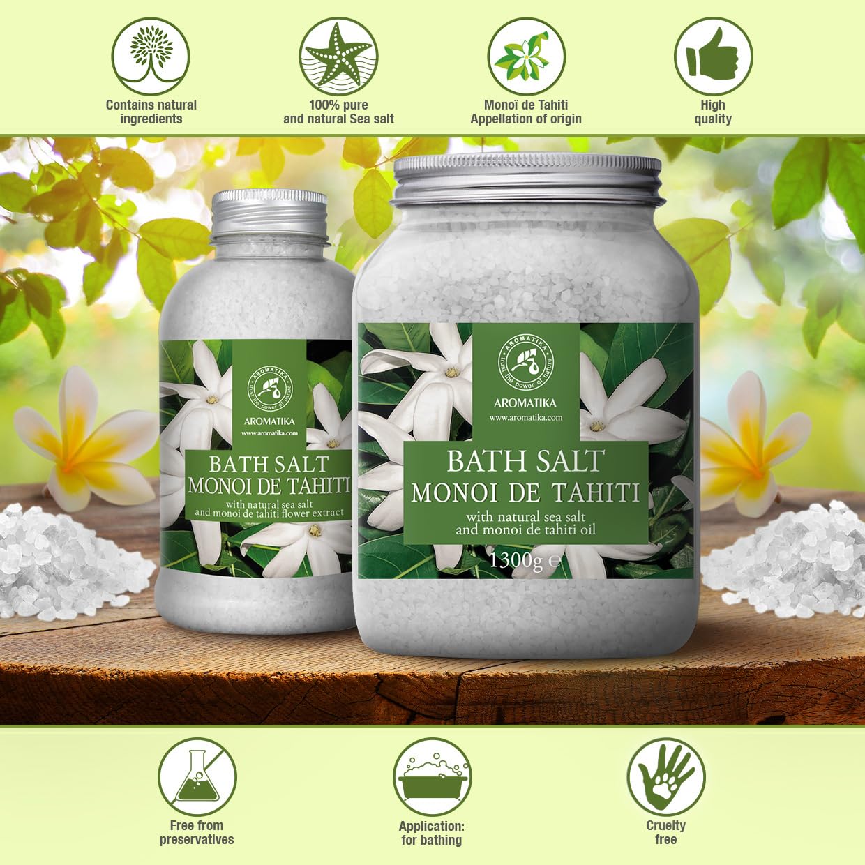 Sale da Bagno Monoi de Tahiti 1300g - Sali Marini da Bagno con Burro di Cocco Naturale & Estratto di Fiori di Gardenia - Bagno Rilassante - Buon Sonno - Sali da Bagno Aromaterapici