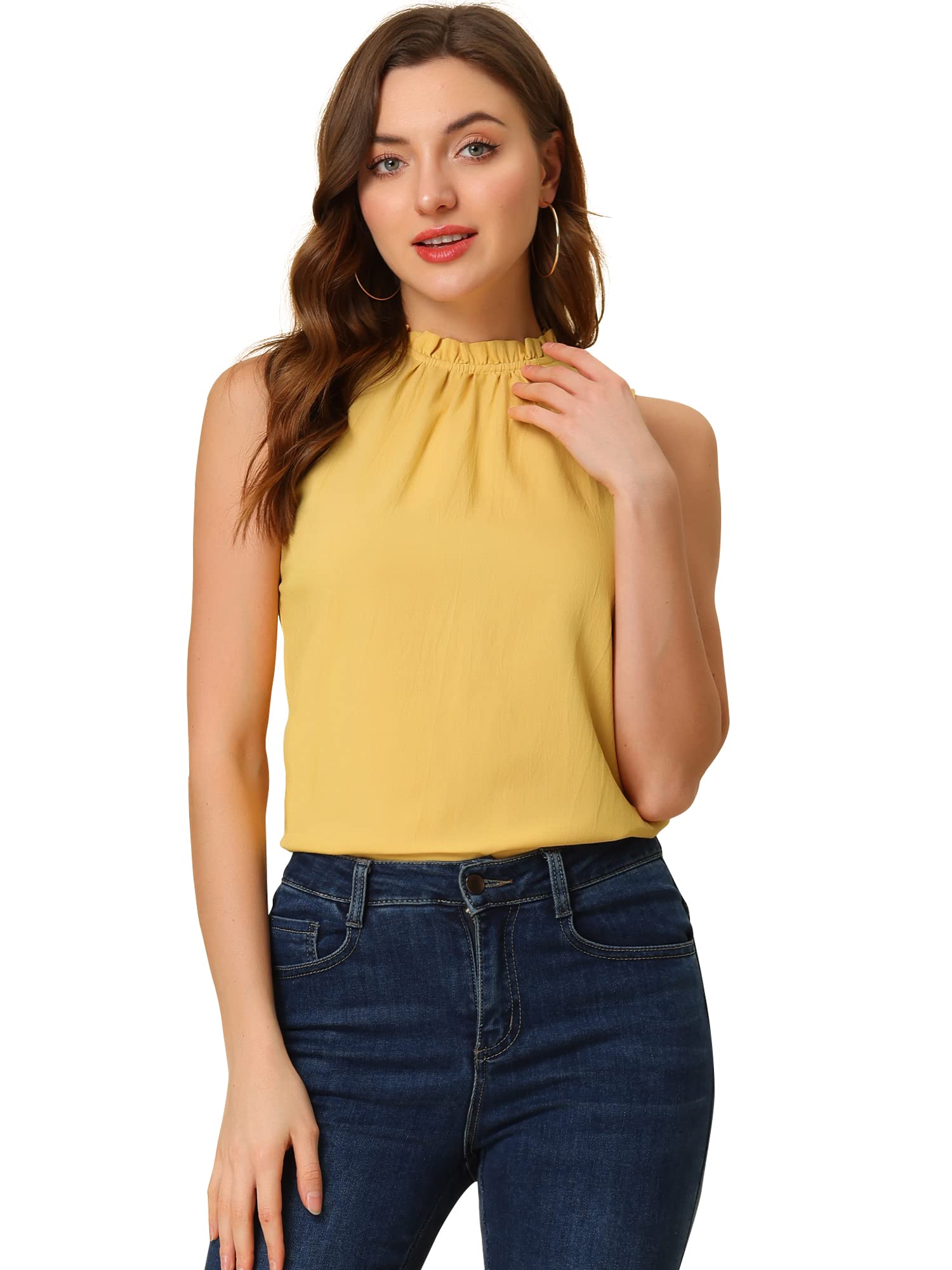 Allegra K Damen Jeansbluse mit Rüschen Stehkragen Ärmellos