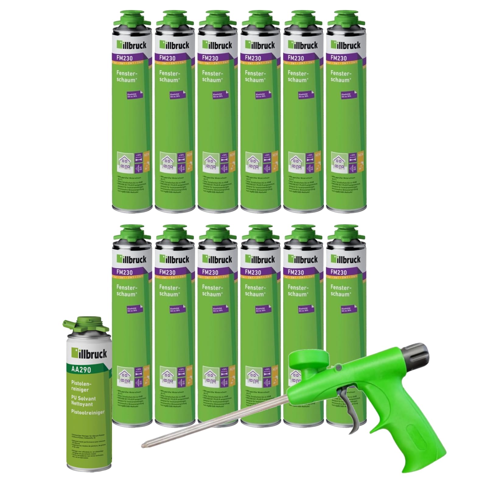 FM230 - Espuma de construcción para ventanas y fachadas Plus, hasta un 30% flexible, espuma de montaje para ventanas, aislamiento acústico, 750 ml (con limpiador AA290 + pistola de espuma Illbruck, 12