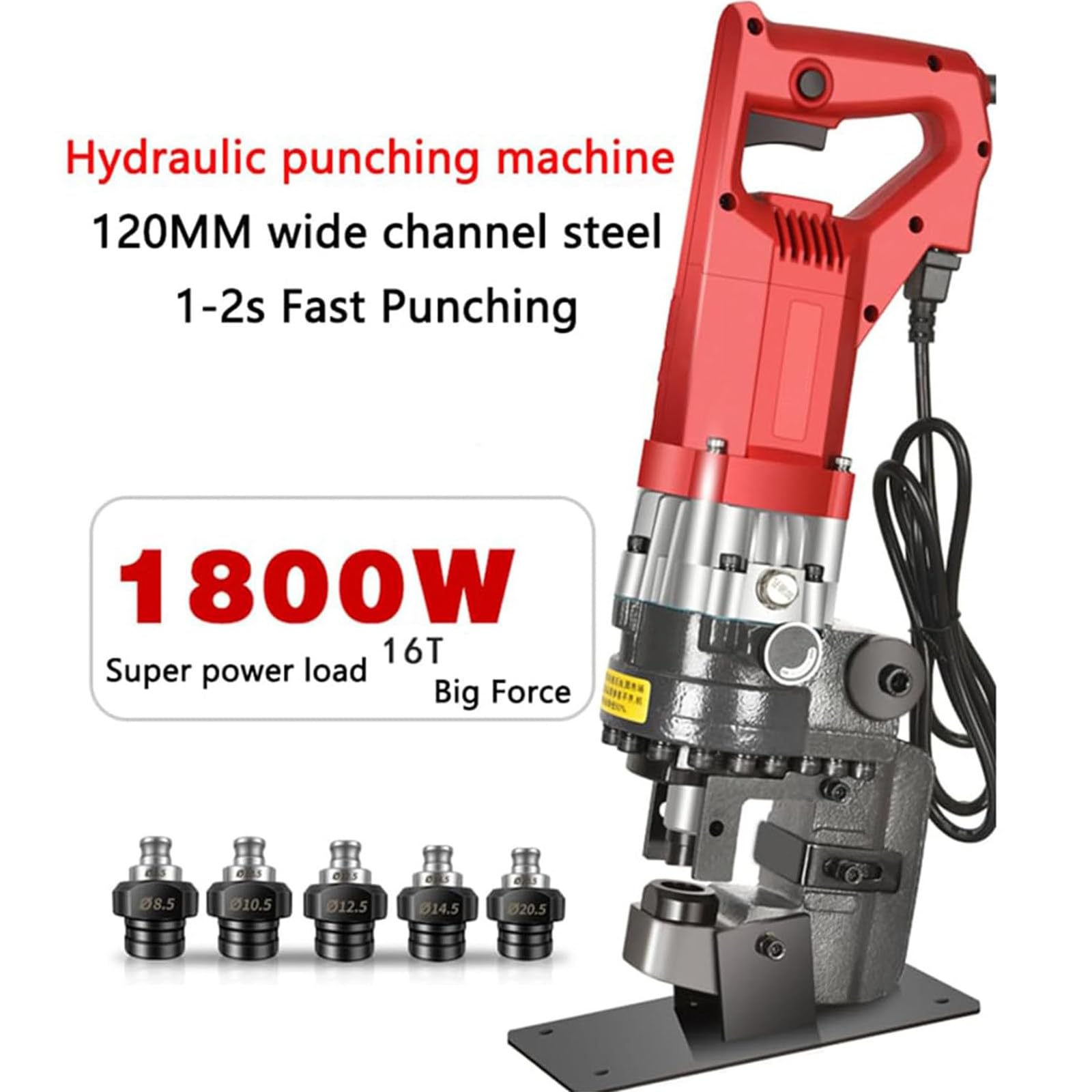 Elektryczny dziurkacz hydrauliczny, dziurkacz metalowy z 5 zestawami dziurkaczy/matryc o średnicy 8,5–20,5mm, do wykrawania w stali, żelazie, aluminium, miedzi i innych,Anglesteel