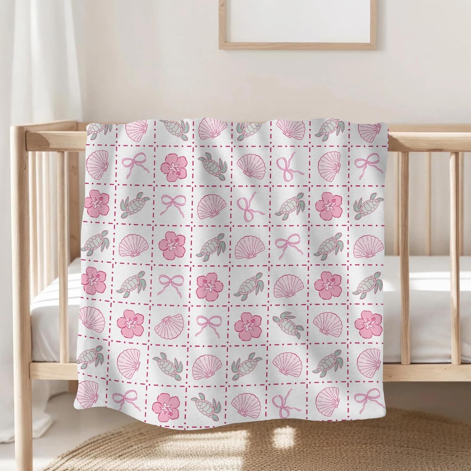 Boho Sea Turtles Seashells Bows Baby Blankets for Girl Boy Infant Newborn Toddler Nursery Crib Summer Turtles Tropical Flowers Swaddle Receiving Blanket Nautical Beach Bed Blankets Pink 60x80inch