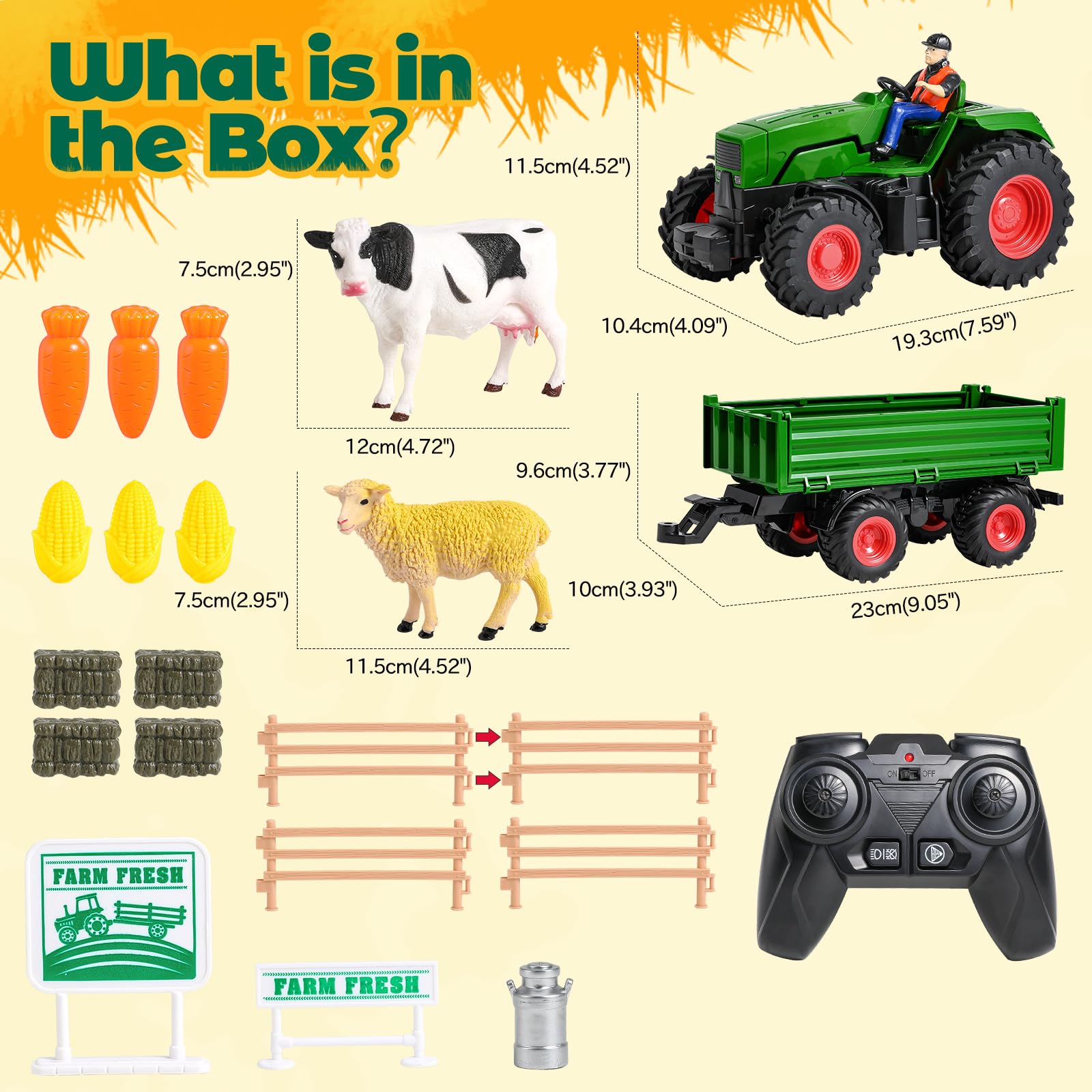 FRUSE Tractor Juguete, Tractor Teledirigido para Niños de 2,4 GHz con Remolque, 2 Baterías Recargables y Luz, Granja Juguete con Vacas, Ovejas y Fardos de Heno, Juguetes para Niños de 3 4 5 6 7 Años
