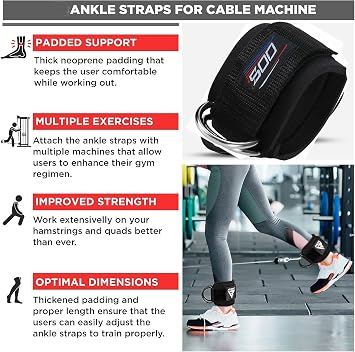 Ankle Straps for Cable Machines Attachment – Neoprene Padded Gym Wrist Cuff Legs Extensions Curls, Kickbacks, Weightlifting Hip Abductor, Abs, Glute Workout, Double D-Ring Cable Strap for Men Women