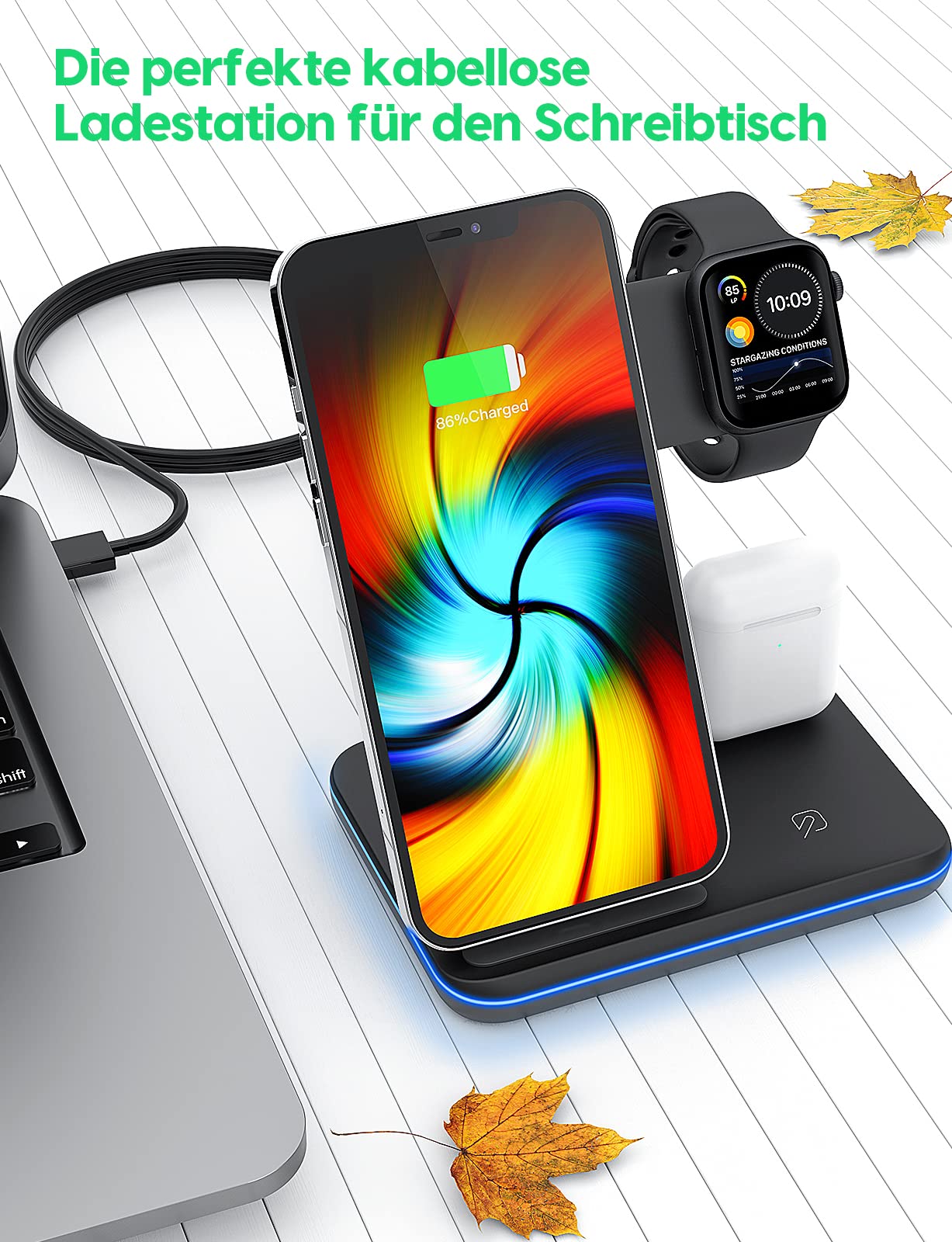 Ładowarka indukcyjna Stacja, 3 w 1, bezprzewodowa ładowarka 15 W, uniwersalna przenośna ładowarka Qi do iPhone'a, AirPods, iWatch, Samsung, Huawei