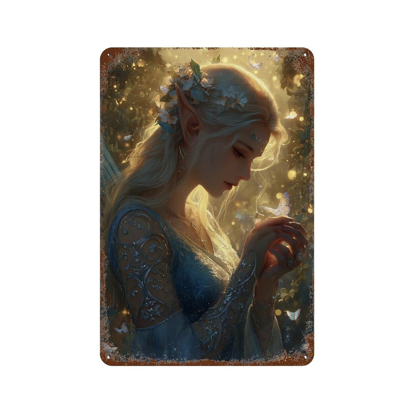 Elven Beauty in Fantasy Garden Rust Effect Tin Sign 11.8"x7.9", Vintage Wall Decor for Bistro, Counter And Cafe Decor