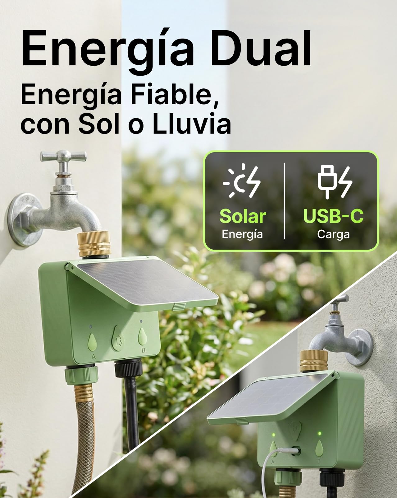 Programador Riego WiFi 2 Vías Solar, Programador de Riego Conectado con Caudalímetro, Sin Hub, Entrada de Agua de Latón, Riego Automático para Jardín (App/Alexa)