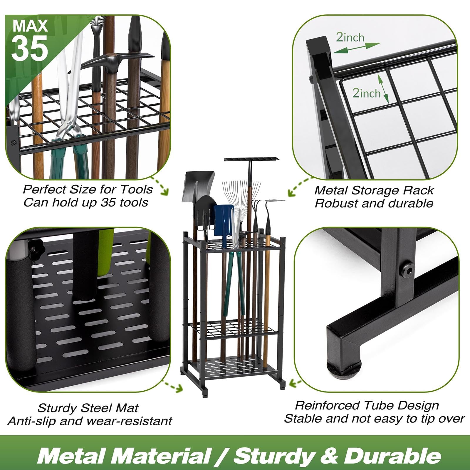 Support de rangement pour outils de jardin, organisateur d'outils de jardin, Garden Tool Organizer, Yard Tool Tower Rack pour jusqu'à 35 outils, support de rangement pour garage, abri de jardin et