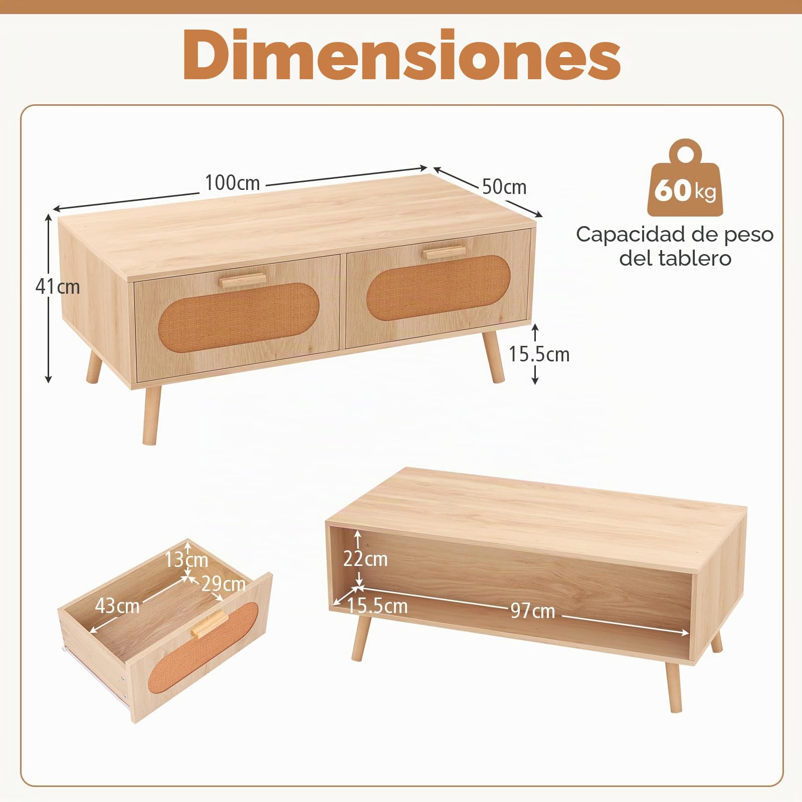 Giantex Mesa de Centro de Madera, Mesa de Salón con 2 Cajones de Ratán y 1 Compartimento Abierto, 4 Patas de Madera Maciza, 100 x 50 x 41 cm, Mesita de Estilo Bohemio para Salón, Oficina, Natural
