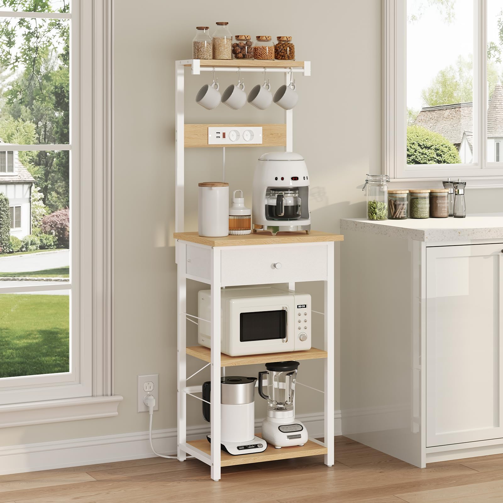 MAHANCRIS Estantería para Panadero con Cajón y Toma de Corriente, Soporte para Microondas, Bar de Café, 4 Ganchos en S, para Cocina, Salón, Comedor, Natural ABRBN48UE01