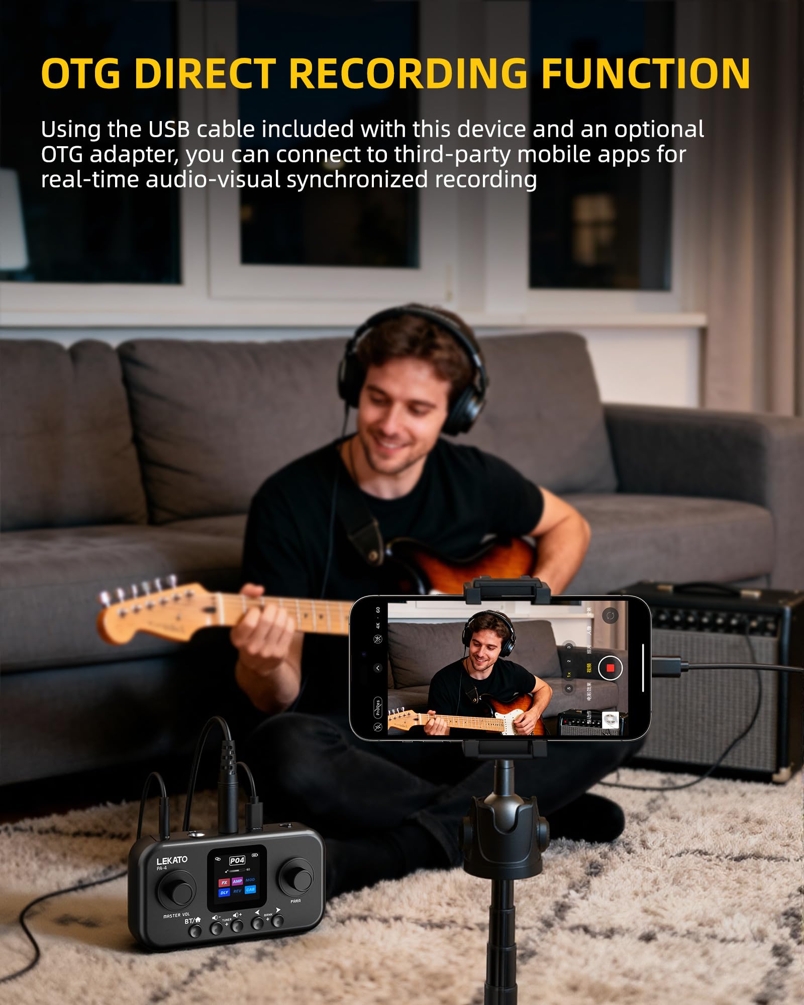 LEKATO Guitarra Pedal Multiefectos con 80 presets, 6 módulos de efectos, 20 Amp/Cab, Interfaz de audio USB OTG y BT, Procesador de Efectos Portátil para Guitarra y Bajo