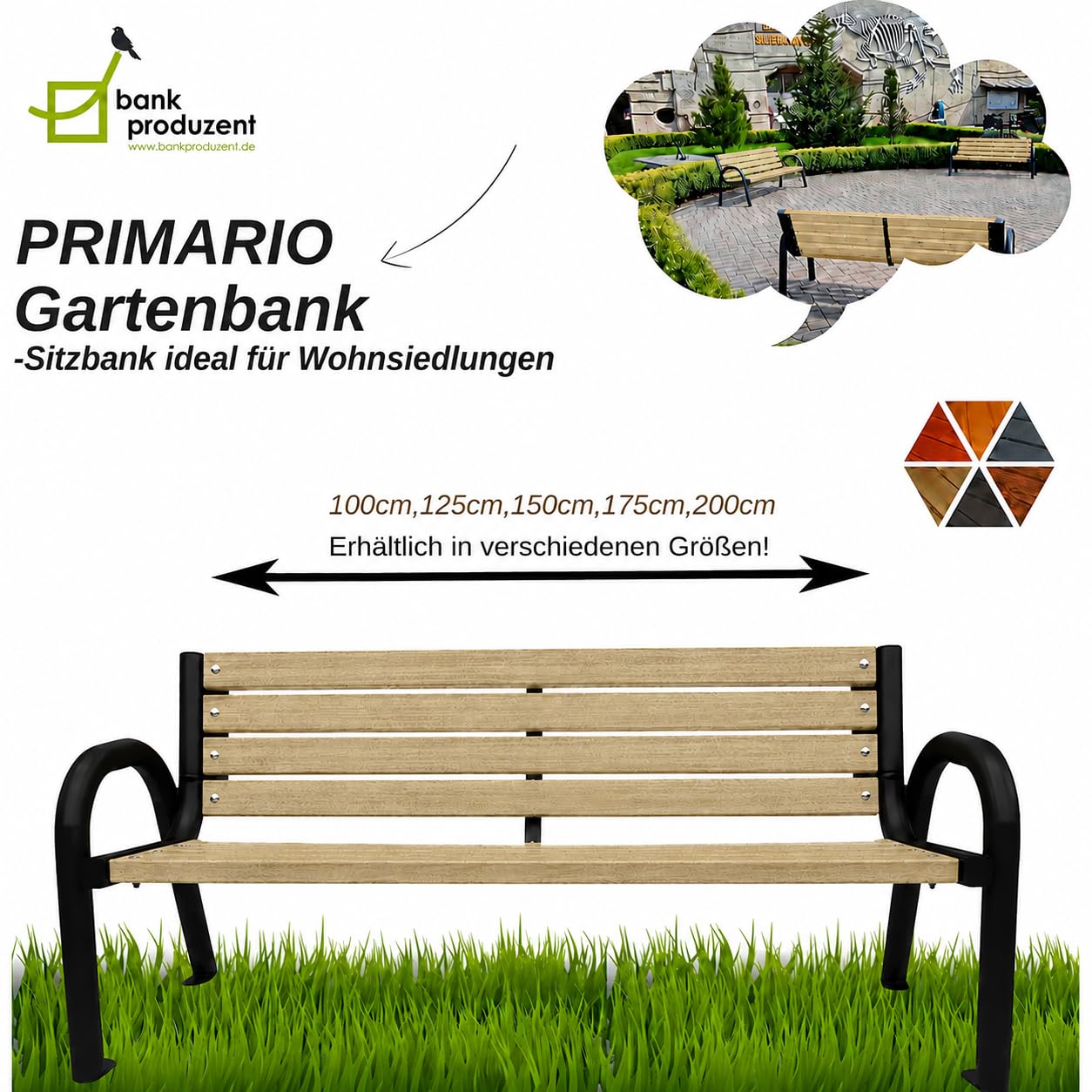 Gartenbank Holz mit Rückenlehne, 200 cm, bis 500 kg - Massives Fichtenholz & pulverbeschichteter Stahl, wetterfest, Sitzbank für Garten, Terrasse & Park, Helle Eiche - Primario