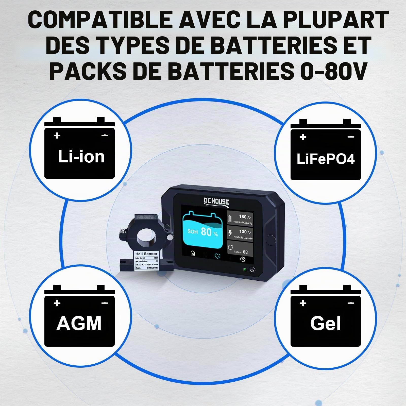 DCHOUSE Moniteur de Charge et de décharge avec capteur Hall Tactile, 0-80V 300A Moniteur de Batterie pour Batterie Li-Ion/LiFePO4/AGM/gel, Tension de Courant, testeur de capacité de Batterie