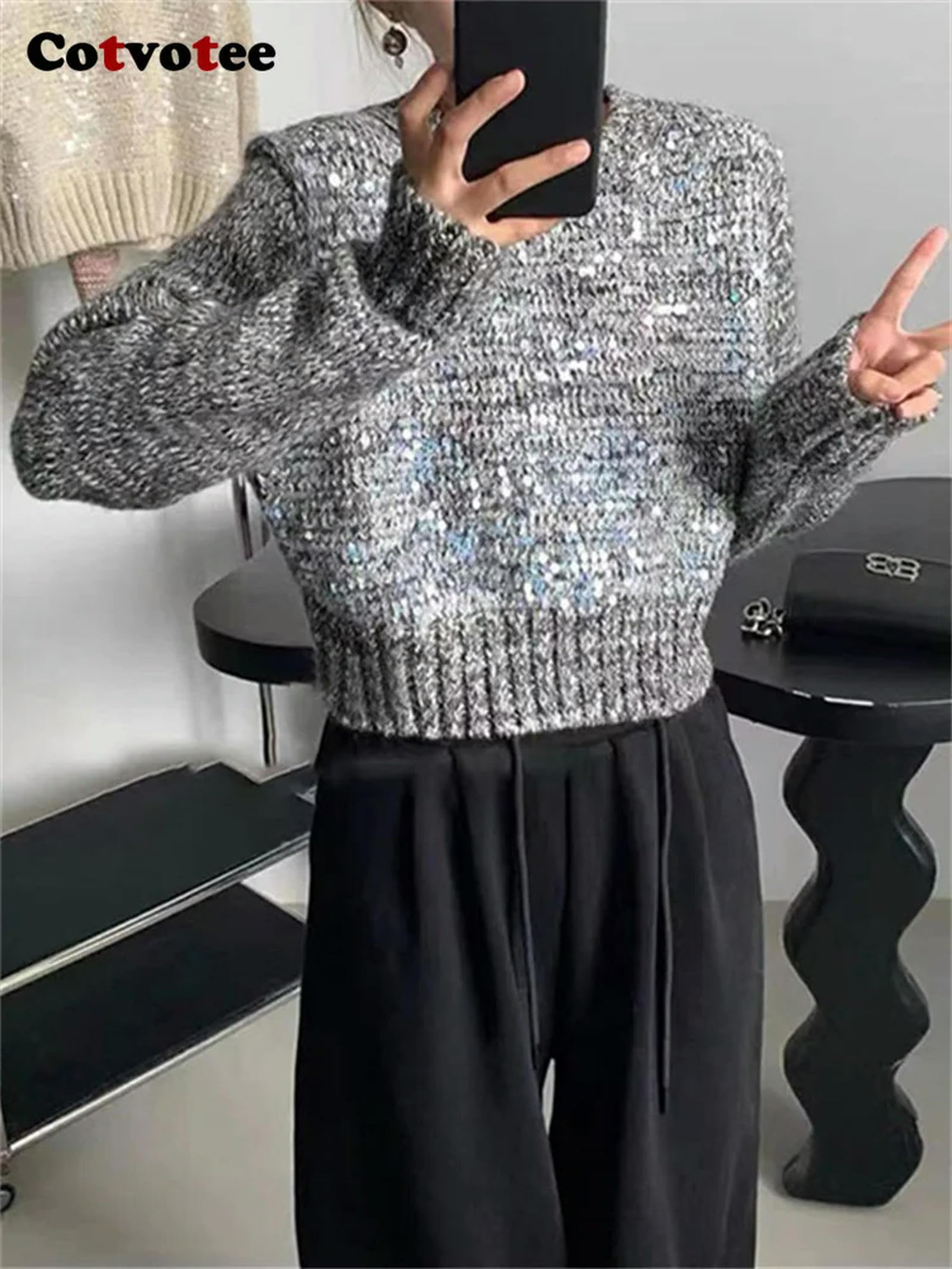 MdybF Damski sweter cekinowy sweter damski na jesień i zimę moda z długim rękawem okrągły dekolt sweter na co dzień dzianinowy sweter retro