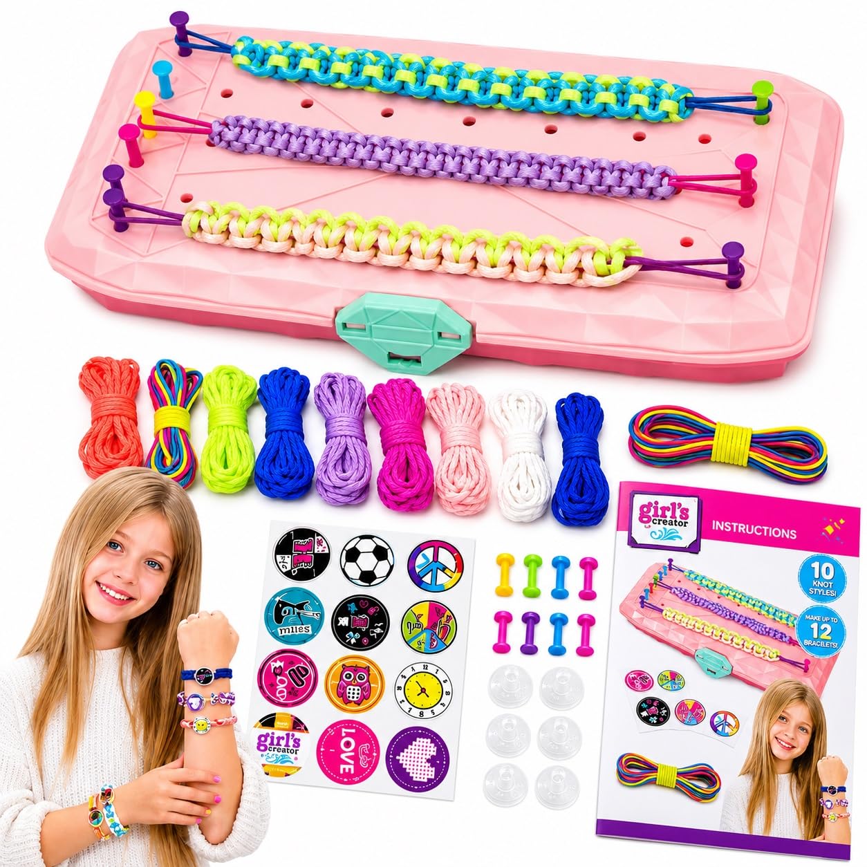 Bracelet Making Kit for Girls, Jewellery Making Craft Kit for Girls, DIY Bracelet String Maker Travel Activity Set, Friendship Bracelet Kit, Birthday Gift for Girls Age 6 7 8 9 10 11 12 (Pink)