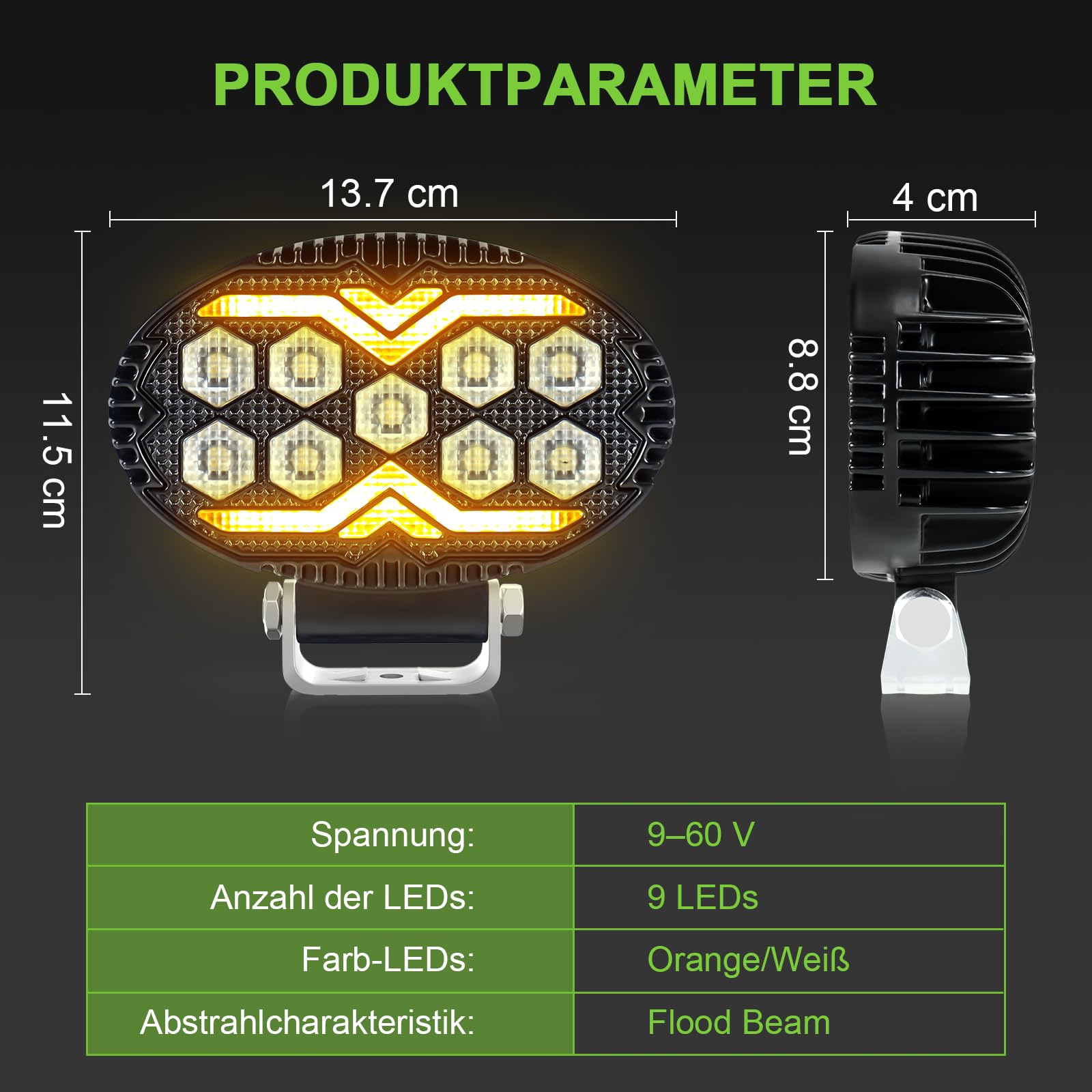 2 Stück LED Flutlicht Arbeitsscheinwerfer mit Orange Weiß Positionslicht 12V 24V Zusatzscheinwerfer für Bau und Industrie sowie LKW, Offroad