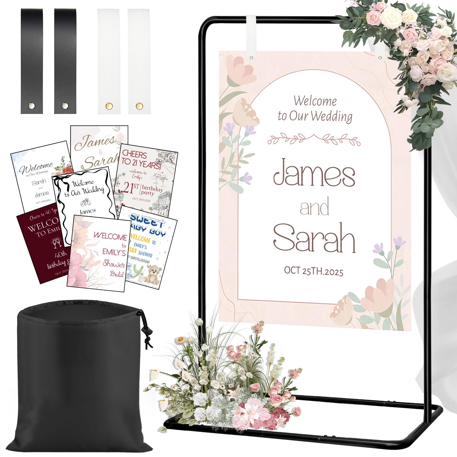 Jsngbse Adjustable Wedding Welcome Sign Stand, Welcome to Our Wedding Sign Holder Stand with 2 Pair Hanging Strap, Heavy Duty Metal Easel Stand for Sign Poster, Floor Standing Black Easels for Display