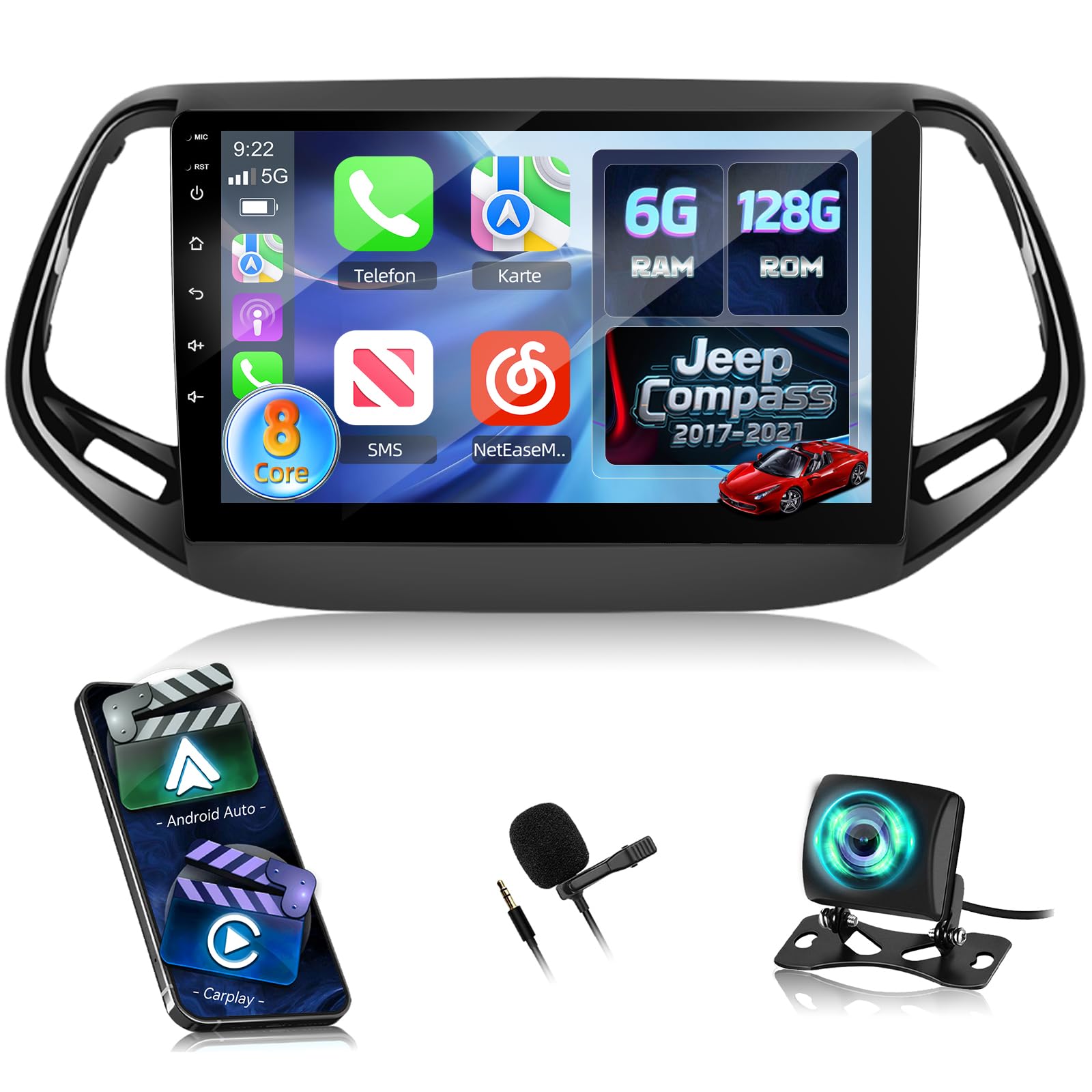 NHOPEEW Autoradio 8 Core 6+128G Android per Jeep Compass 2017-2019 con Carplay wireless e Android Auto DSP Wifi GPS Comandi al volante Vista panoramica a 360
