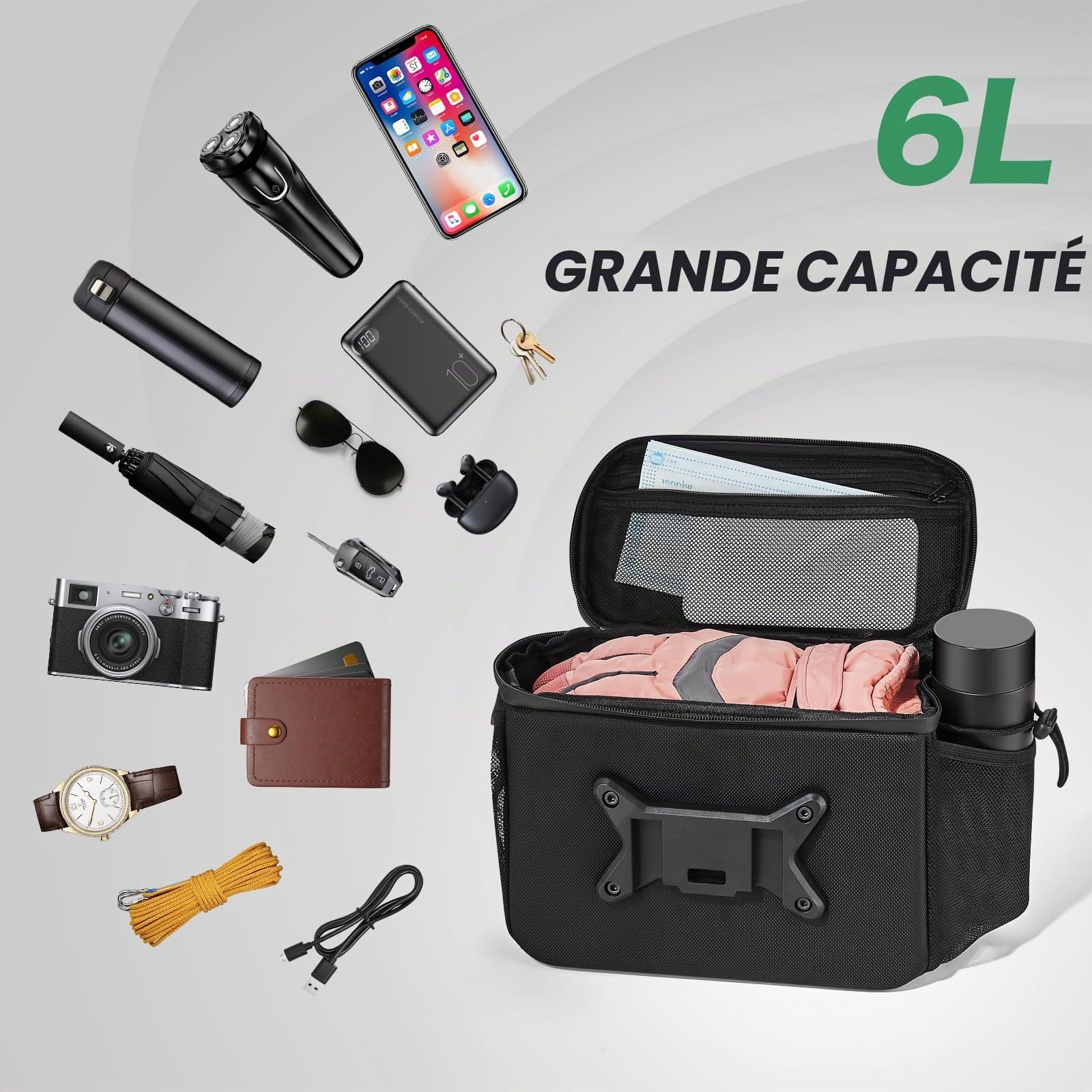 Sacoche Velo Guidon avec Adaptateur pour Vélos et Vélos Électriques, 6L Panier Velo Avant Porte Telephone Velo Etanche avec Écran Tactile, Sac Support Smartphone Velo avec Bandoulière