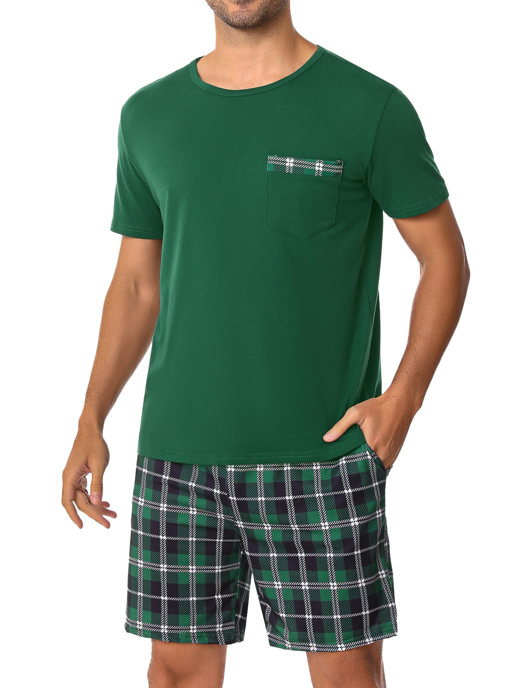 Leversic Verano Conjunto de Pijama Hombre Ropa de Dormir de Algodón Camisetas de Pijama a Rayas de Manga Corta y Pantalones Cortos para Dormir con Bolsillos