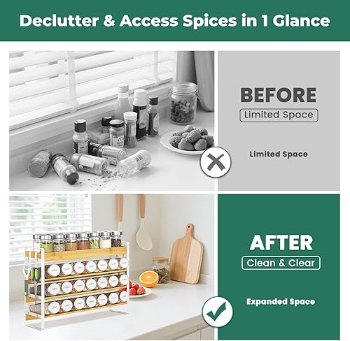 Miniatura 7 de EsLuker.ly Organizador de condimentos para especias para encimera de cocina, 4 niveles de bambú para especias con 4 ganchos, soporte independiente