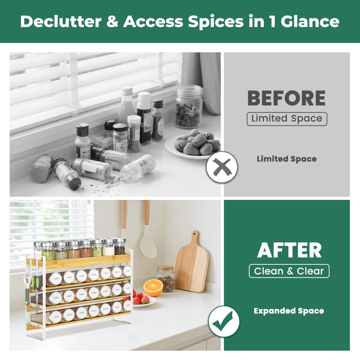 Organizador de condimentos para especias para encimera de cocina, 4 niveles de bambú para especias con 4 ganchos, soporte independiente montado en la pared para despensa, bambú blanco 7