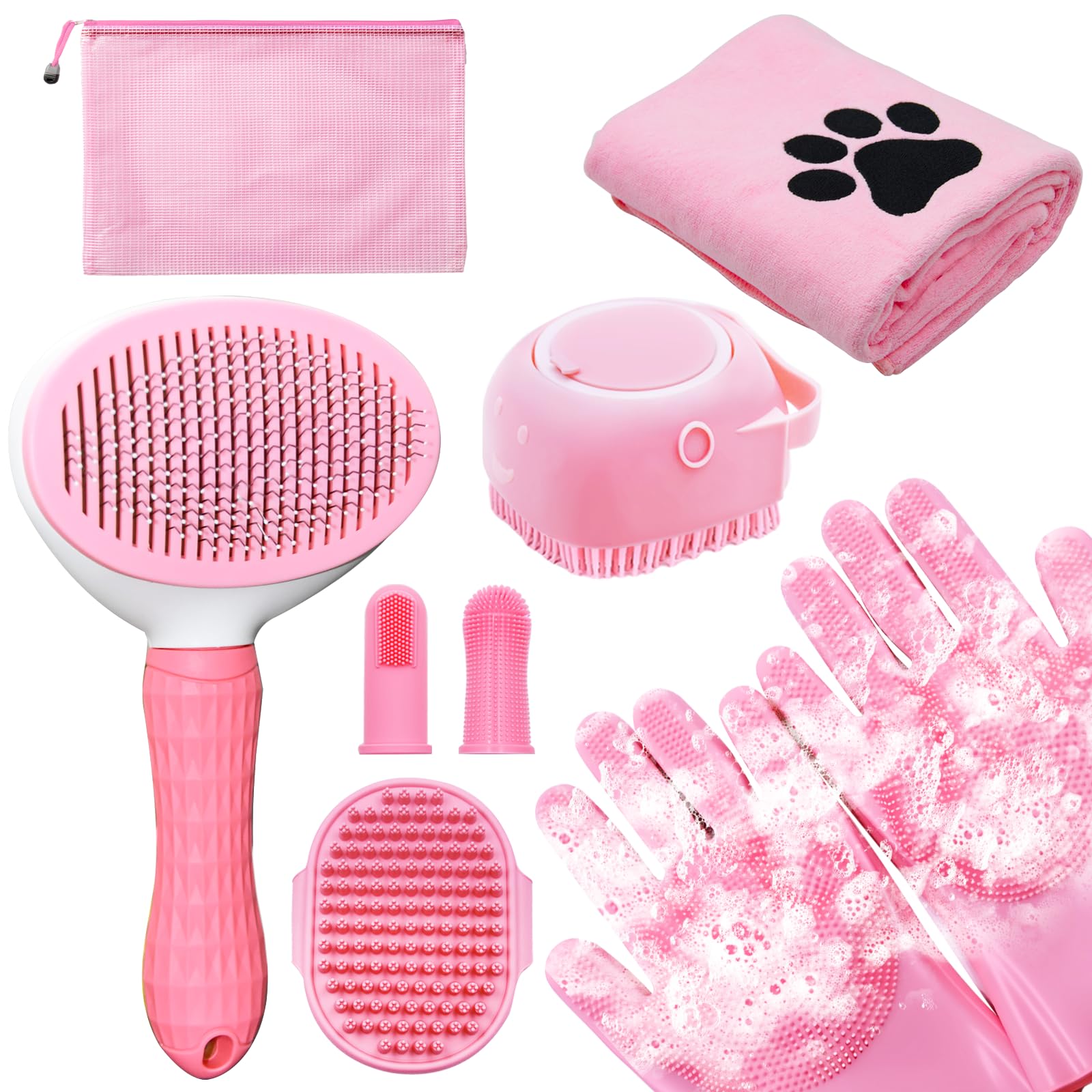 Dog Grooming Kit for Shedding 8-Piece Pet Grooming Supplies with Deshedding Brush Bath Gloves Towels Silicone Toothbrush Ideal